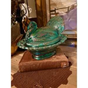 Large Teal Carnival Glass Turkey on Nest Dish – Lace Edge Trinket Box – Mosser G
